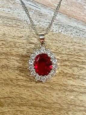 Silver Red Crystal Halo Pendant Necklace